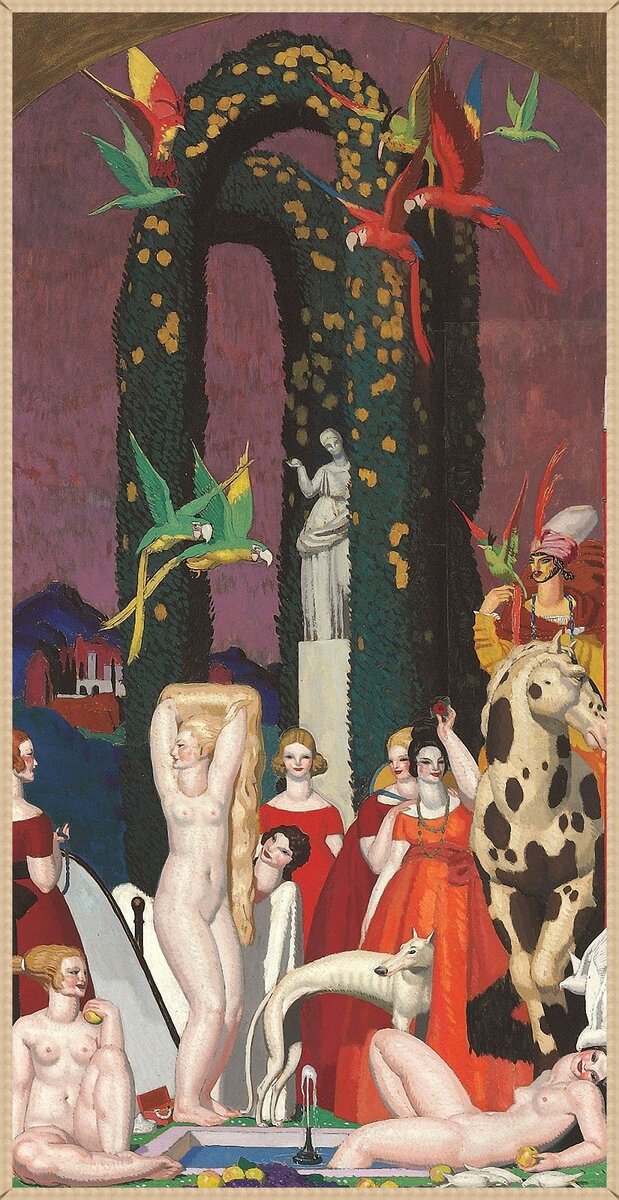 © Жан Теодор Дюпа (Jean Theodore Dupas). Женщина с попугаями. Бумага на холсте, масло и коллаж. 1921. Частное собрание 