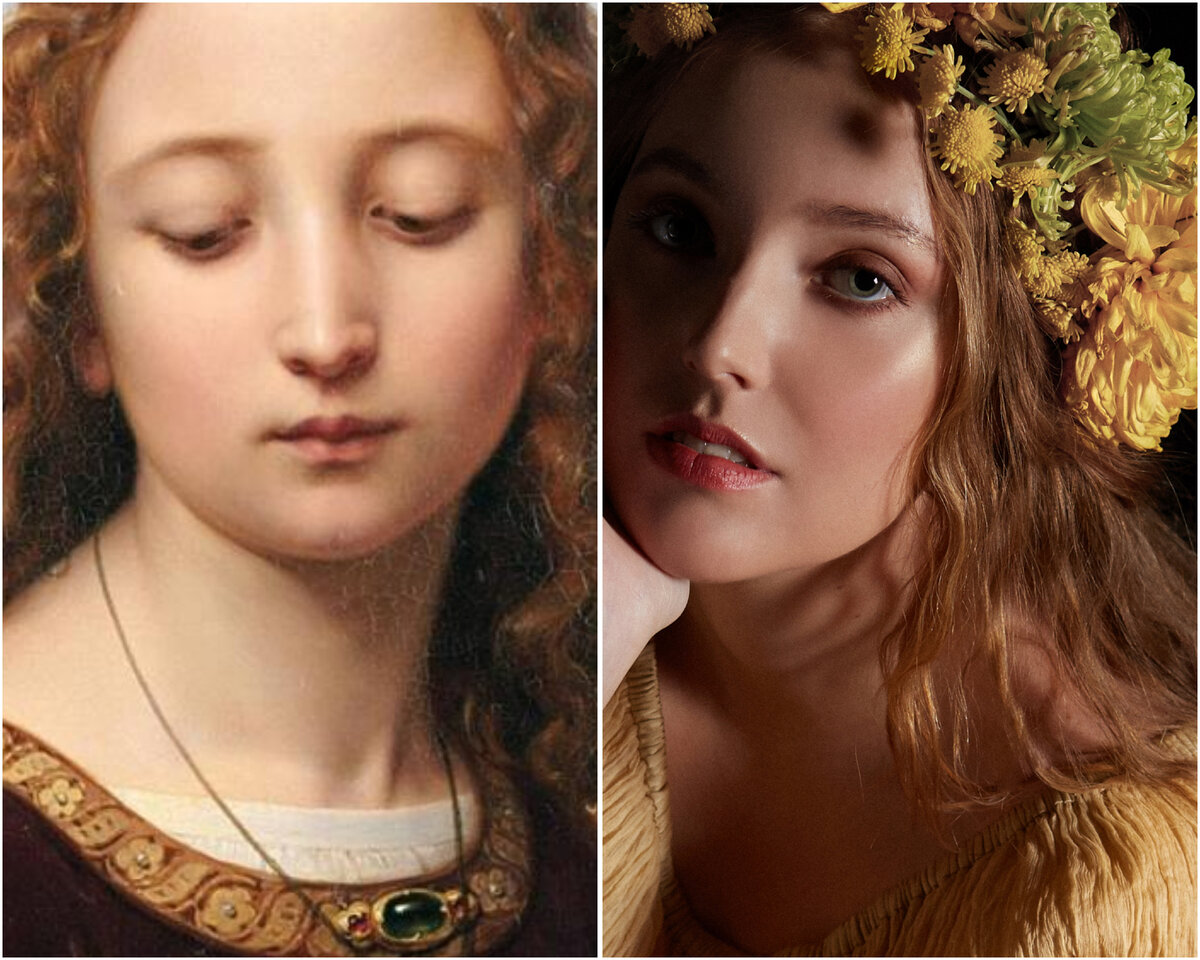 Дегер Эрнст. Портрет молодой женщины. 1835 г. Х.м. (слева). Образ фотосессии «Осенняя Ева» Модного Дома ELENA TKACHENKO. 2020 г. (справа)