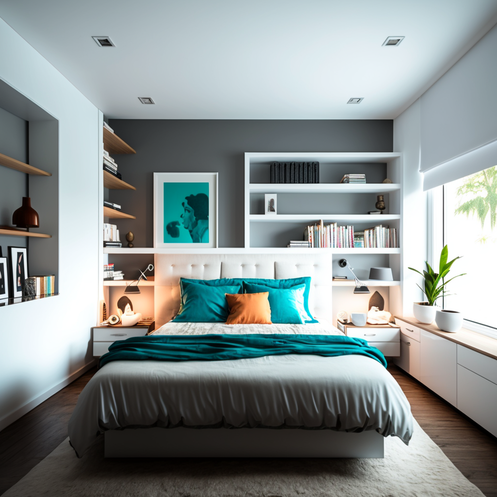 Спальня в стиле модерн с полками у и