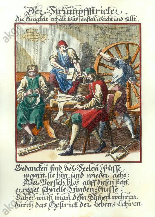 “Вязальщики чулок”. Гравюра на меди Кристофа Вайгеля (1654-1725). Из: иллюстрация и описание основных общественных сословий, Регенсбург 1698.