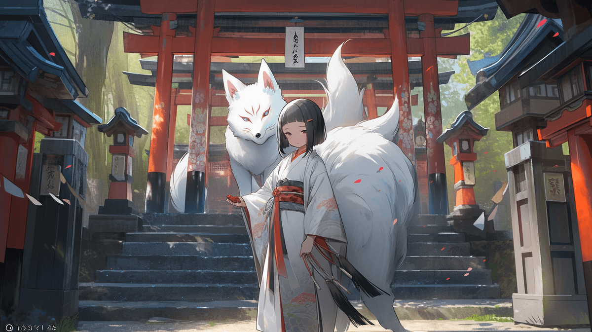 Подсказка: A girl in traditional japanese clothing, with white wolf beside her, standing in front of a a magical torri shrine, artgerm, by Studio Ghibli — ar 3:2 — niji 5