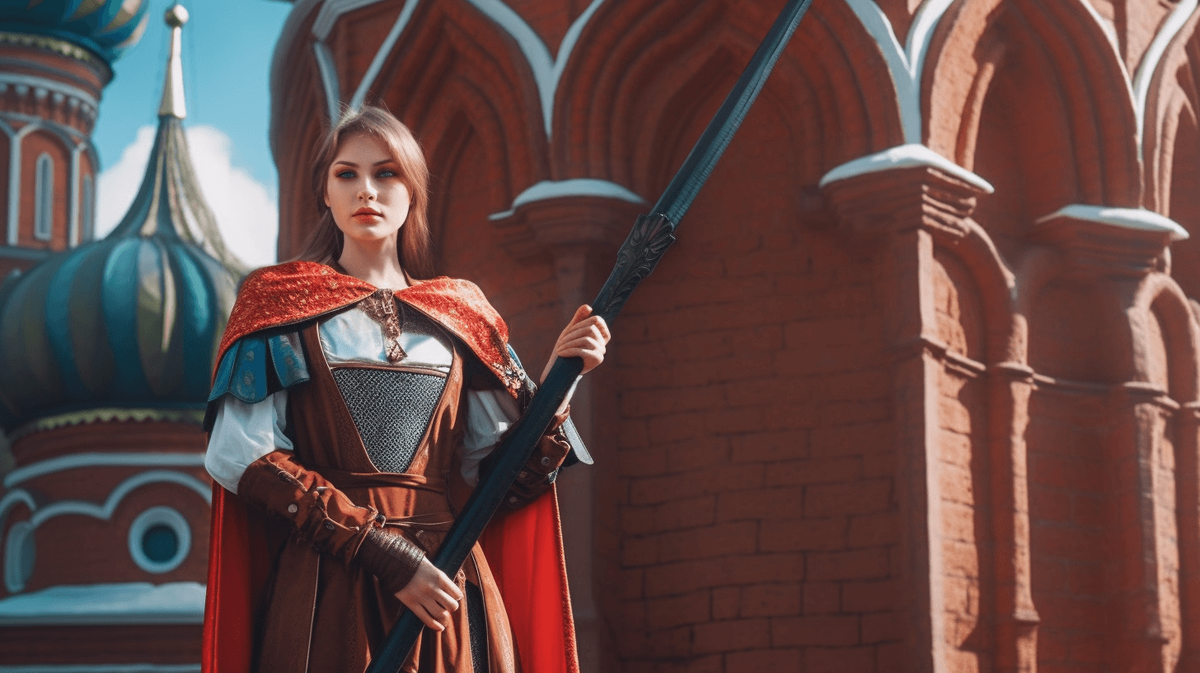 Текстовая подсказка: Create an fantasy image of a woman dressed in a medieval-inspired costume, with a sword and shield, standing in front of the walls of the Kremlin in Moscow