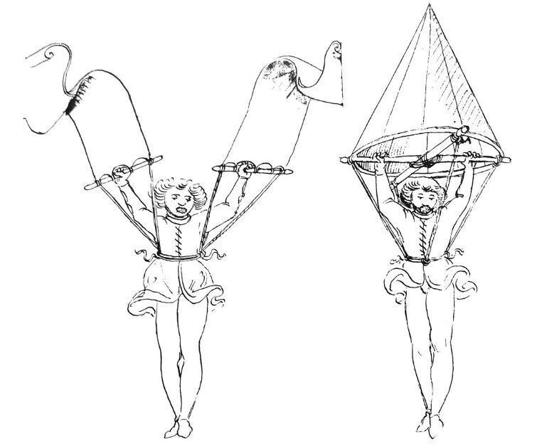 Две ранние идеи парашютов: слева — конструкция, состоящая из двух больших тканевых лент, прикрепленных к талии пилотов; справа — конструкция, состоящая из конического парашюта с поперечным шпангоутом, также закрепленного на поясе пилота. Источник: onverticality.com