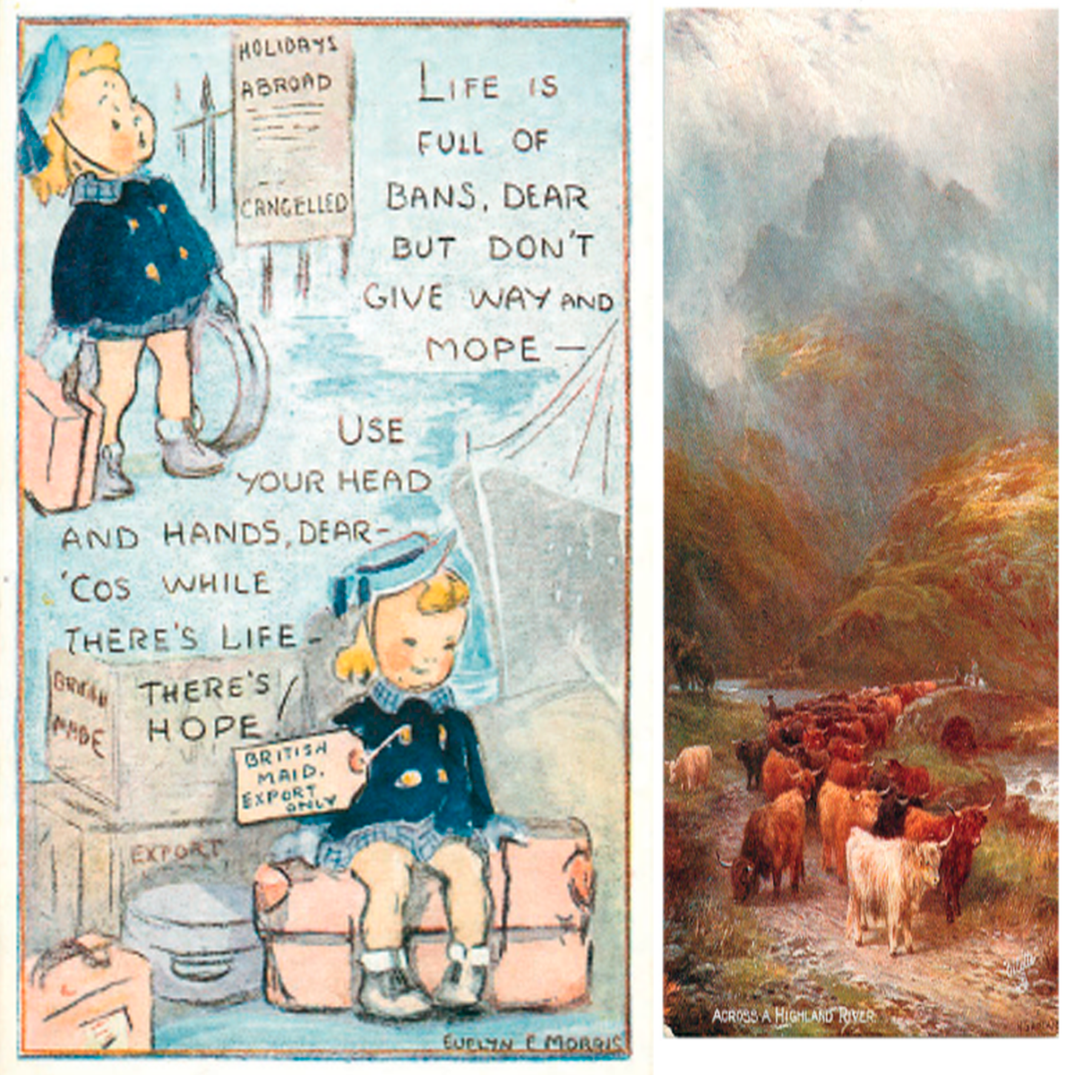 СЛЕВА: Как и во многих других аспектах ограничений во время войны, британский юмор проявился в первых рядах, когда речь шла о отсутствии зарубежных каникул. СПРАВА: Ина Белл написала в свой любимый журнал, что поездка в шотландские холмы успокоит ее душу.