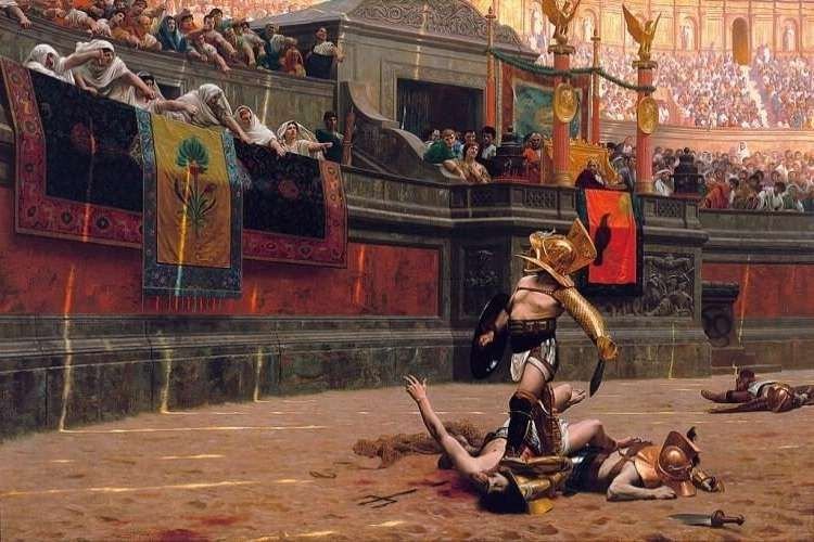      Картина "Pollice Verso" французского художника Жана-Леона Жерома. Буквальная фраза «Police Verso» означает «большим пальцем». На картине изображен римский жест, направленный на победившего гладиатора.