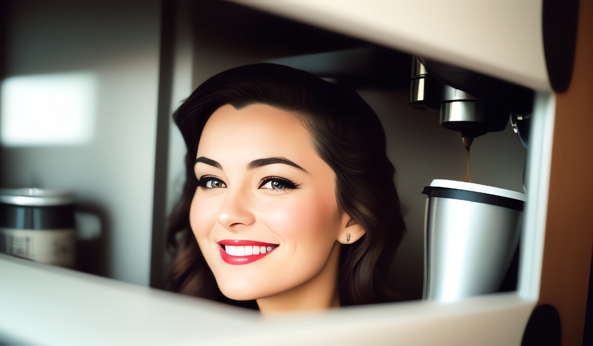 Портрет девушки в офисе у кофе машины