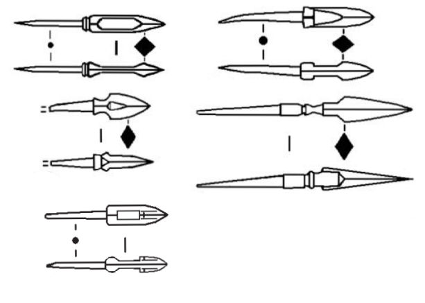 Здесь пять наконечников. Каждый показан с двух сторон.