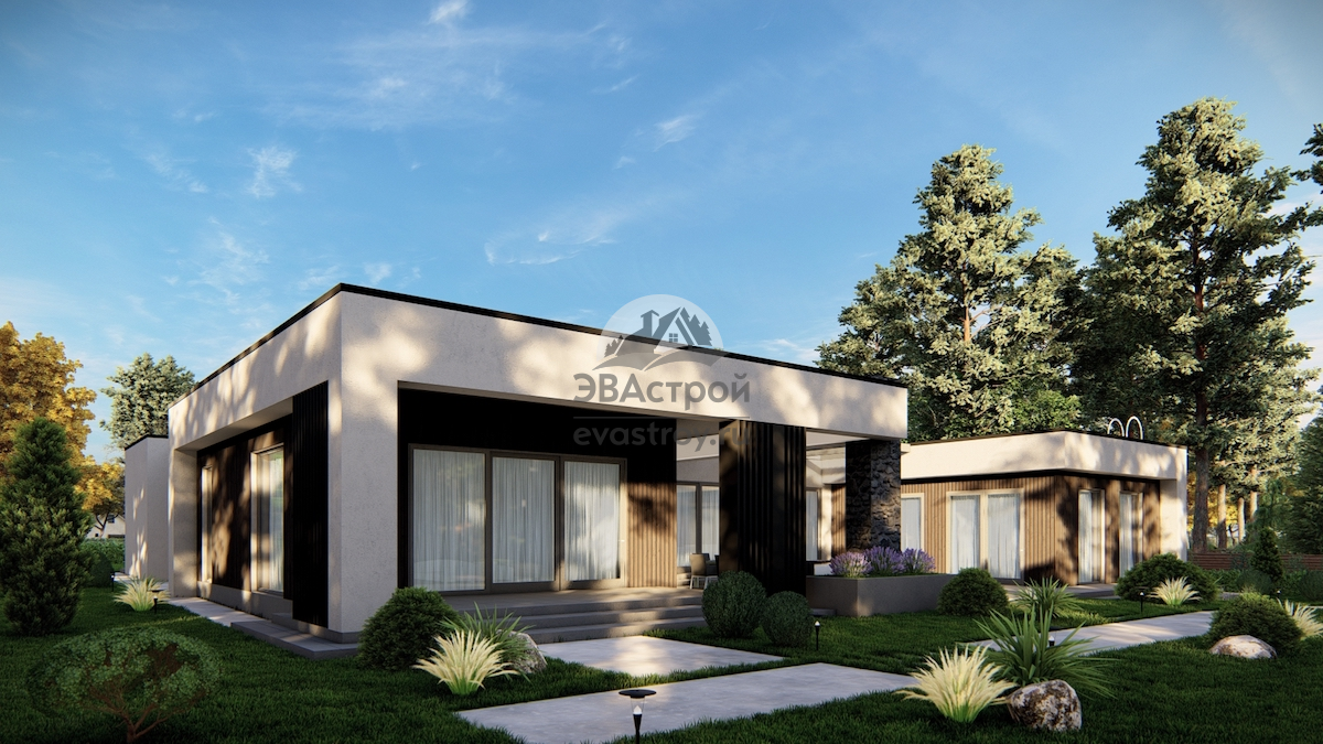 Проект одноэтажного дома 653 м2 в стиле ХАЙ-ТЕК с навесом, сауной,  кабинетом и террасой - П204