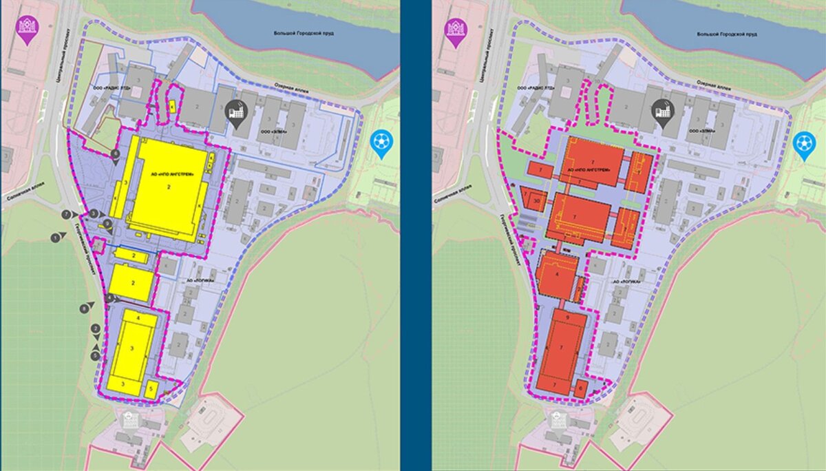 В 2020 году, согласно новой стратегии развития микроэлектроники в России, был предложен, прямо скажем, масштабный проект полной реконструкции территории "Ангстрема". Жёлтым слева - то, что пойдёт под снос; красным справа - новое строительство.