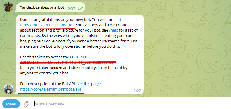 Получение секретного токена telegram api bot