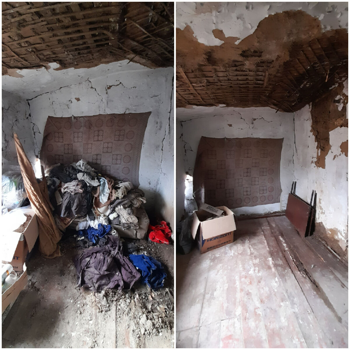 Пристройка к дому, из которой мы планируем сделать небольшую прихожую и санузел. Всю мокрую глину, которая упала с чердака,  сняли с пола, но он, к сожалению, успел прогнить в нескольких местах.