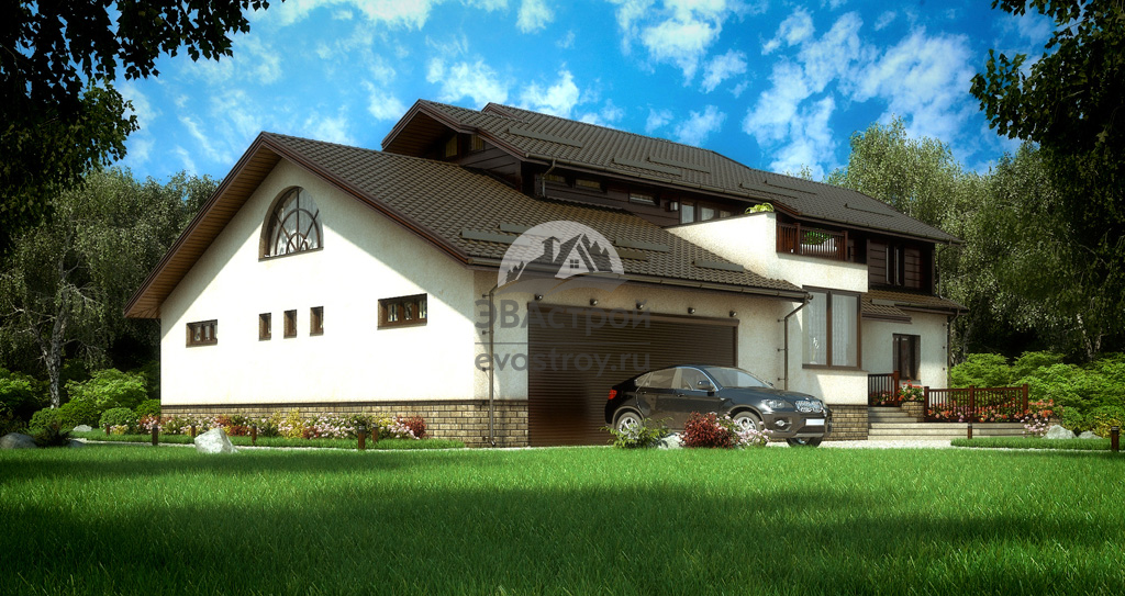 Проект комбинированного дома  466 м2 с гаражом, кабинетом, балконом и террасой - 101-55