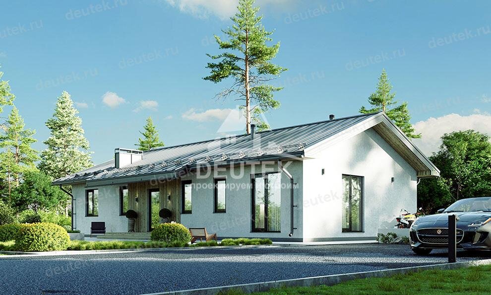 Проект одноэтажного дома 118 м2 из газобетона с террасой для узкого участка - LK-107