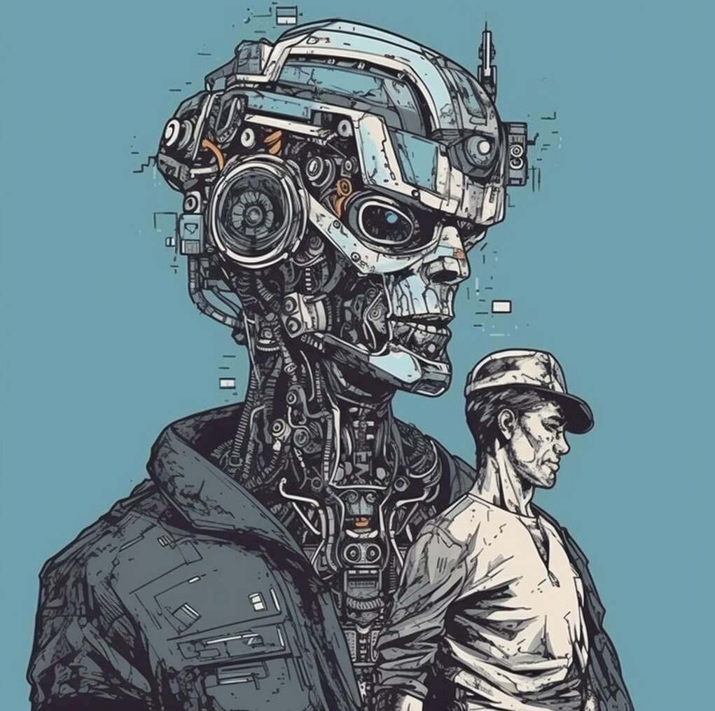 Рис. 1. Картинка сгенерированная нейросетью Midjourney по запросу: "Искусственный интеллект и человек"