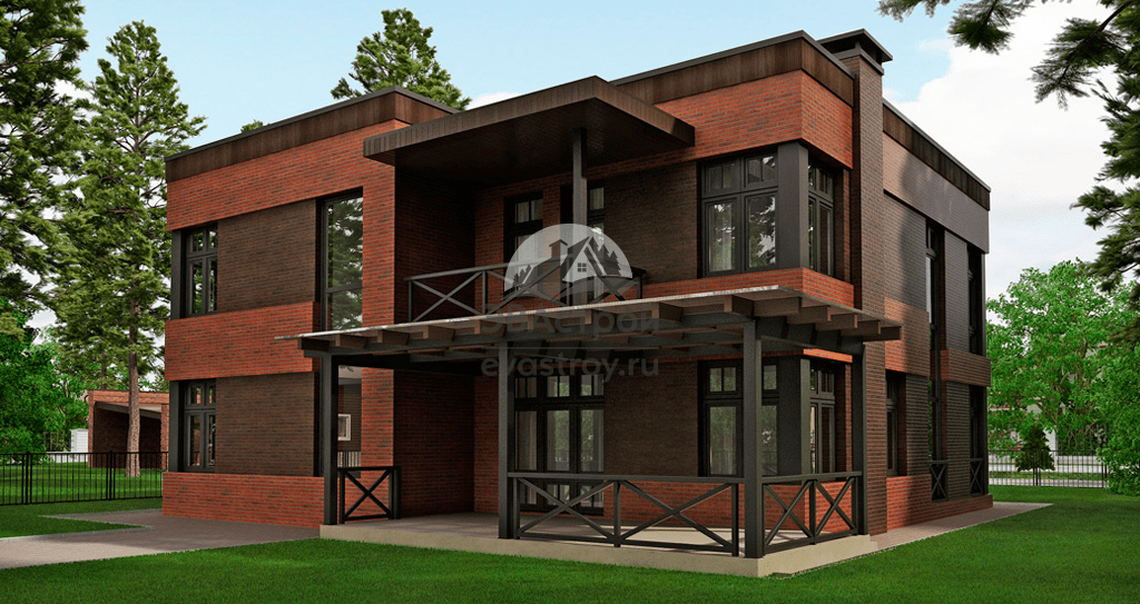 Проект двухэтажного дома 252 м2 из кирпича с плоской крышей в стиле минимализм - 102-22