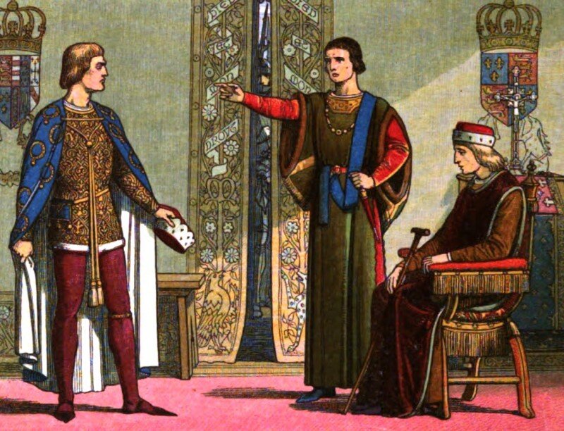 Генрих VI сидит, герцоги Йорк (слева) и Сомерсет (в центре) спорят.