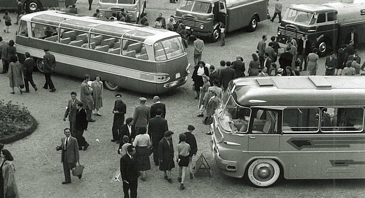 ▲ Первый опытный Ikarus 303 и Ikarus 604 на BNV`59. После нескольких лет показа на выставках, упрощенную версию "триста третьего" всё же выпустили установочной серией в семь машин. Ikarus 604 (на переднем плане) представлял собой одну из многочисленных вариаций Ikarus 60 и остался в одном экземпляре