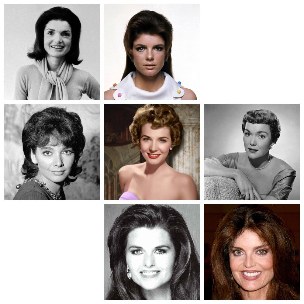 Мария Шрайвер и Трейси Скоггинс могли бы показаться близняшками Жаклин Кеннеди-Онассис и Кэтрин Росс, но явно отличаются формой подбородка. Из схожих черт - широко расставленные глаза и довольно короткие носы. А Сюзан, Полли и Джейн из среднего ряда, мне кажется, вообще не из той оперы.
