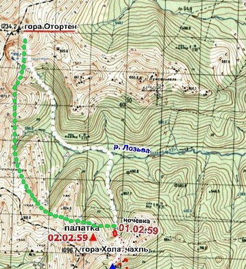 Фото 2. Часть "дятловедов" уверяют, что дятловцы собирались идти к Отортену по горному хребту (по зеленой линии), другие - что дятловцы хотели идти через лес, спустившись от Кедра по притоку Лозьвы до Лозьвы, и далее двигаясь до Отортена вверх по Лозьве (по белой линии).  