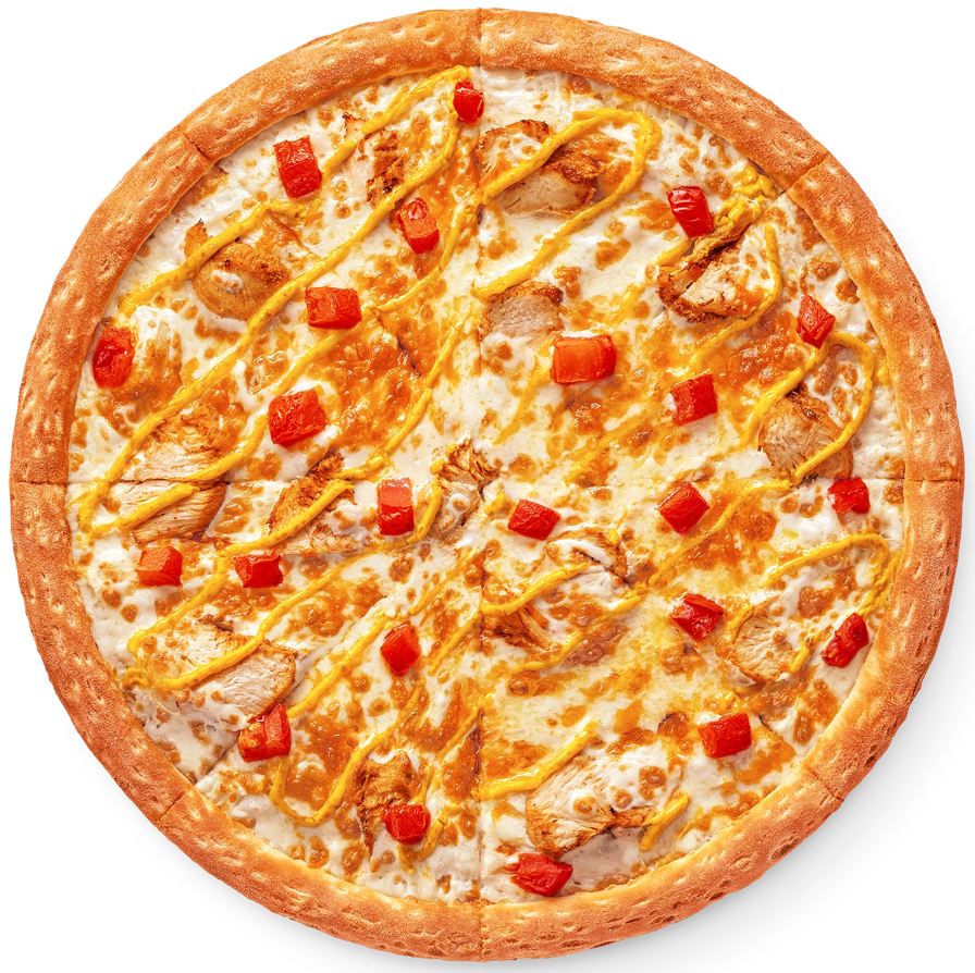 Данная пицца имеет три размера: 25 см и вес 400г., 30 см и вес 610г., 35 см и вес 870г. Цена на данную пиццу базируется от 579 рублей за малую версию, среднюю 829 рублей и за большую соответственно 999 рублей. Пицца ‘’Сырный цыпленок’’ состоит из таких ингредиентов как: цыпленок, моцарелла, сыры Чеддер и пармезан, сырный соус, томаты, фирменный соус альфредо, чеснок. 