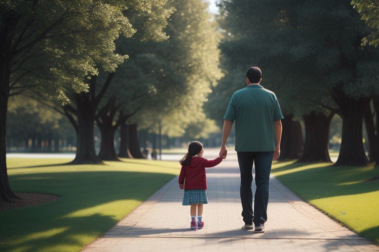 Папа и дочь вместе гуляют в парке