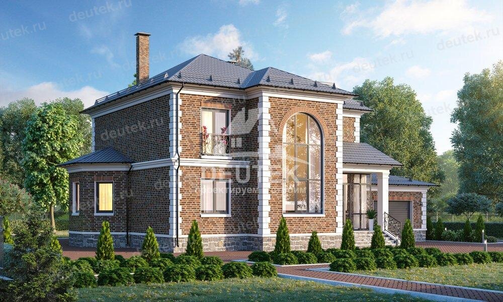 Проект двухэтажного дома 220 м2 с одноместным гаражом, эркером, большими окнами и террасой - LK-94
