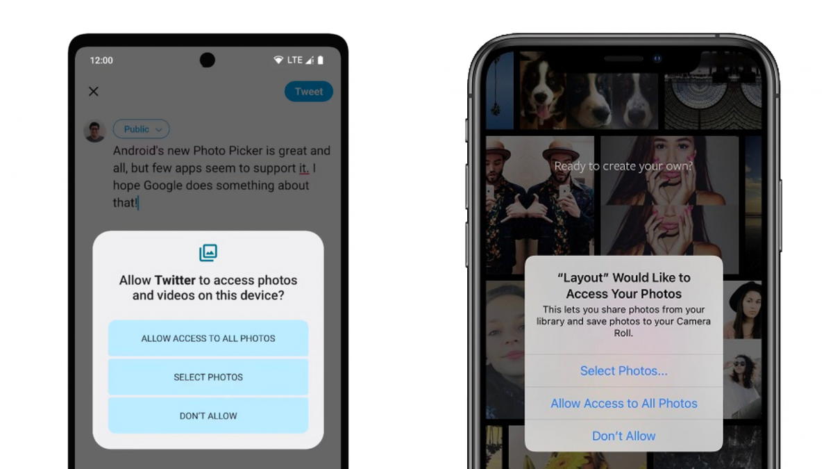 Доступ к отдельным фото/видео. Справа Android 14, слева - iOS 14