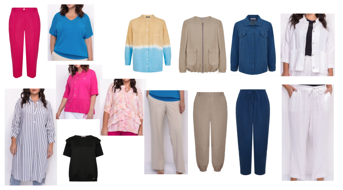 14 вещей: фуксийные брюки, платье-рубашку в полоску, вязаный голубой топ, шелковый черный топ с рюшами, акварельно-розовый топ тай-дай, блуза-рубашка с кулиской, бежевые широкие прямые брюки и 2 костюма и из льна: белый, синий и бежевый.