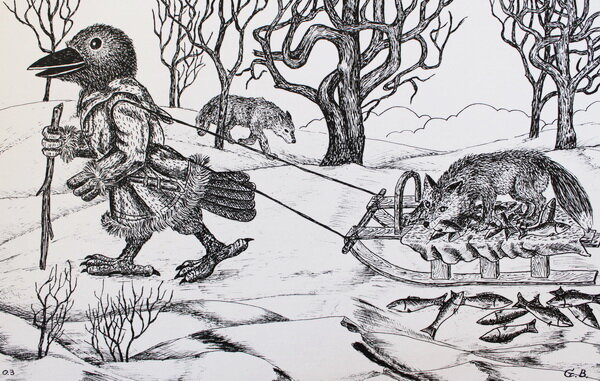 Иллюстрация к ительменской сказке "Кутх, лиса и волк"