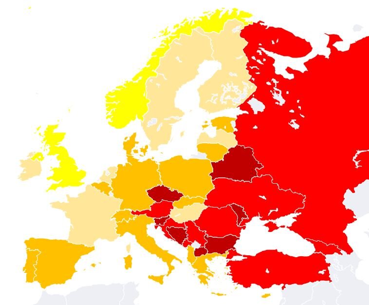 Бордовый — больше 2000 сигарет на курильщика, красный — 1500-2000, рыжий — 1000-1500, бледно-оранжевый — 500-1000, желтый — менее 500 сигарет на курильщика 