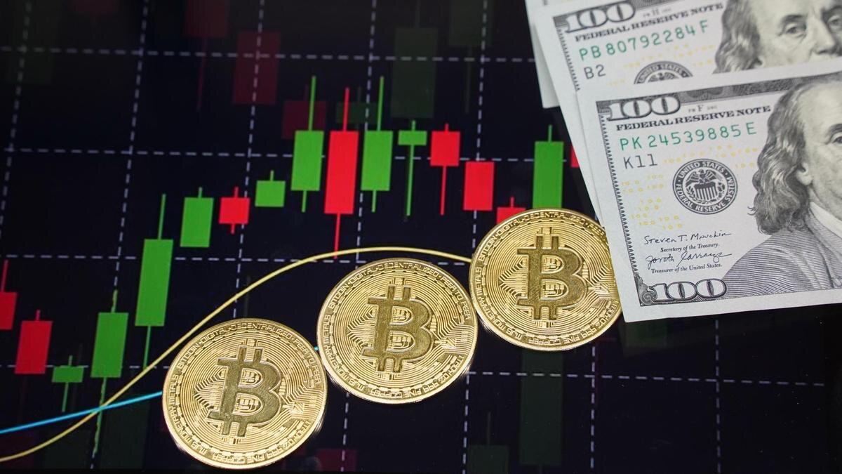    График, доллары и монетки биткоина.:NUR.KZ/Владимир Третьяков