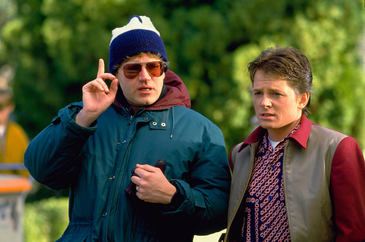 Роберт Земекис и Майкл Дж. Фокс на съемках "Назад в будущее" (1985)
