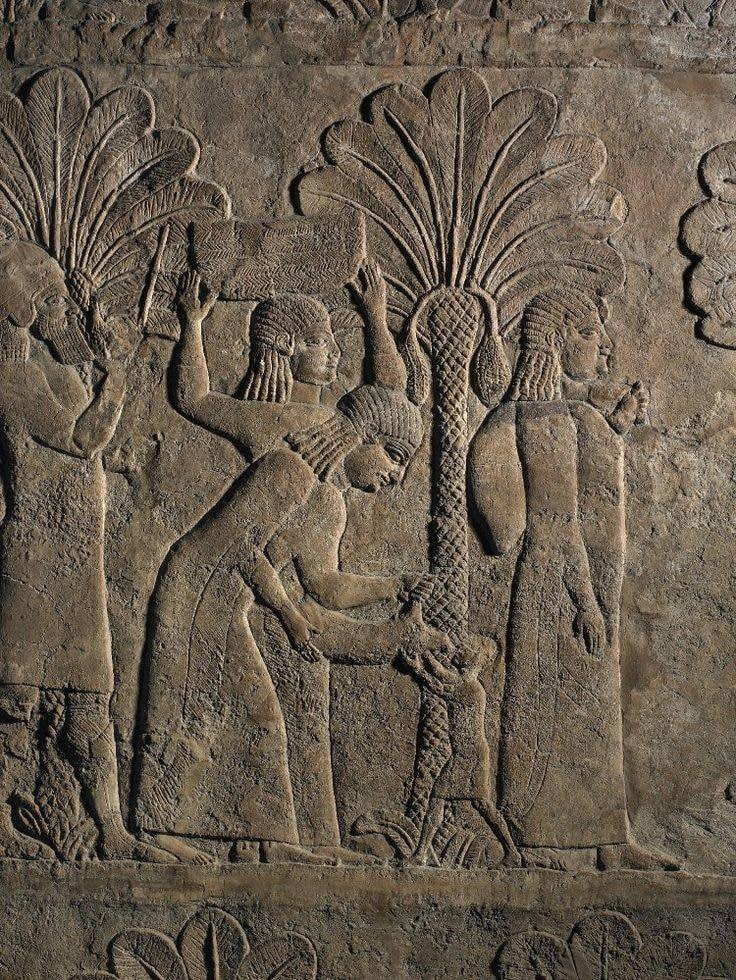Семьи пленных из походов Синнахериба, которых ассирийские войны проводят через финиковую плантацию. Британский музей.
