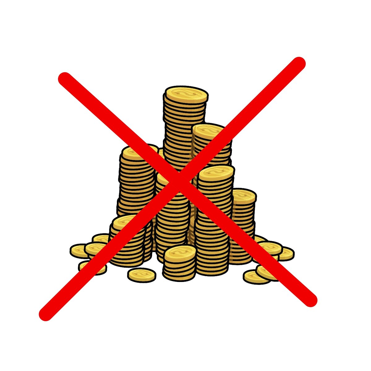 На изображении стопка монет на белом фоне перечеркнута красными линиями
