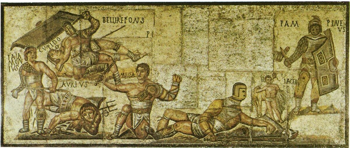Гладиаторы на древнеримской мозаике. Вилла Боргезе, IV в. н.э.