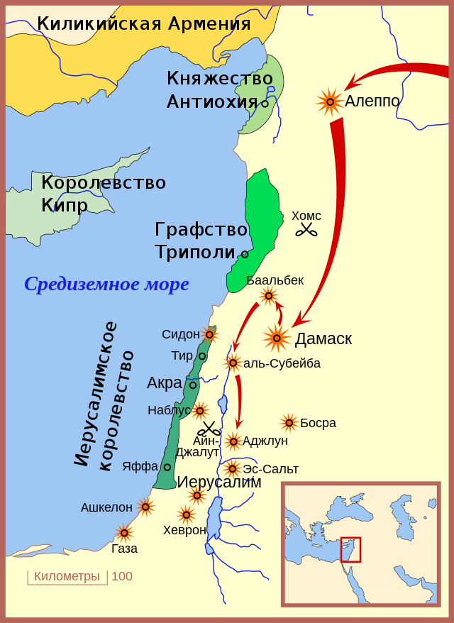 Карта, показывающая передвижения и цели монголов в 1260 году в Леванте (Палестина и Сирия). Фото из свободных источников в Интернете.