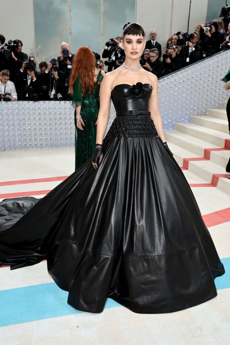 Lily James in custom Tamara Ralph