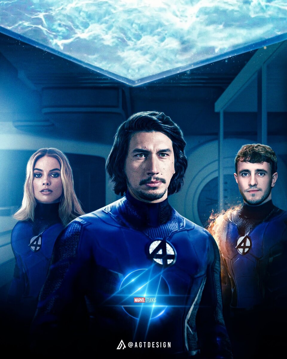     Марго Робби, Адам Драйвер и Пол Мескал в образах участников Фантастической Четверки / Фан-арт: Twitter/agtdesign10