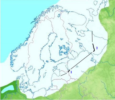 Рис. 2. Граница ледникового щита Валдайского оледенения в его максимальном развитии. Прерывистой линией показана граница льдов на одном из завершающих этапов, полученная из предположений автора. Цифрами на рисунке обозначены: 1 – ДРЕБ; 2 – фрагмент древнего водного пути по реке Модлона, озеру Воже, реке Свидь и озеру Лача.