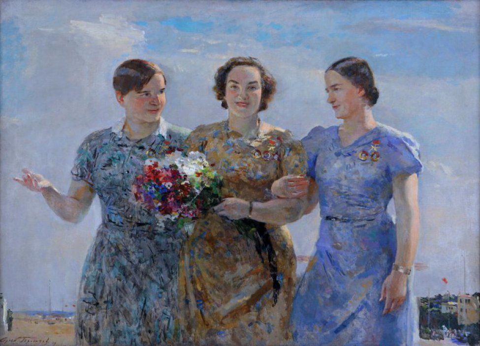 С. Герасимов "Портрет Героев Советского Союза т. Гризодубовой, т. Осипенко и т. Расковой" (1938-39 гг., Пермская художественная галерея). Изображение из открытых источников