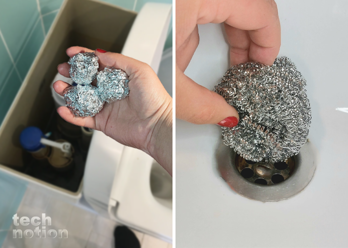 Железная мочалка в сливе и шарики фольги в унитазе неплохо облегчают рутину / Изображение: дзен-канал technotion