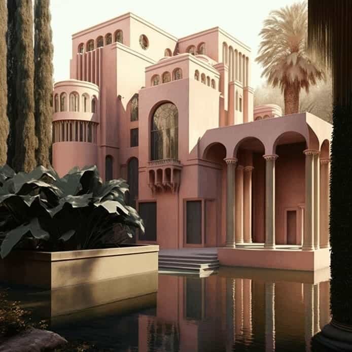 Изображение, сгенерированное AI, созданное Midjourney с использованием подсказки: Villa Designed by Ricardo Bofill.