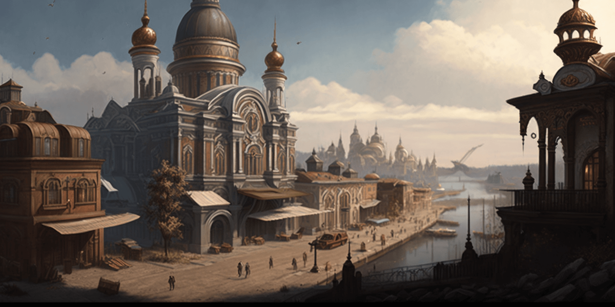  , Georgy Nissii: A panoramic view of a Russian city with intricate architectural details