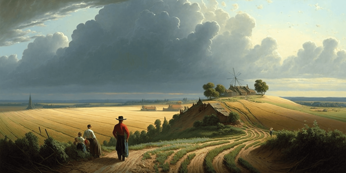 , Grigory Myasoedov: A sweeping landscape with farmers tending to their crops under a vast sky