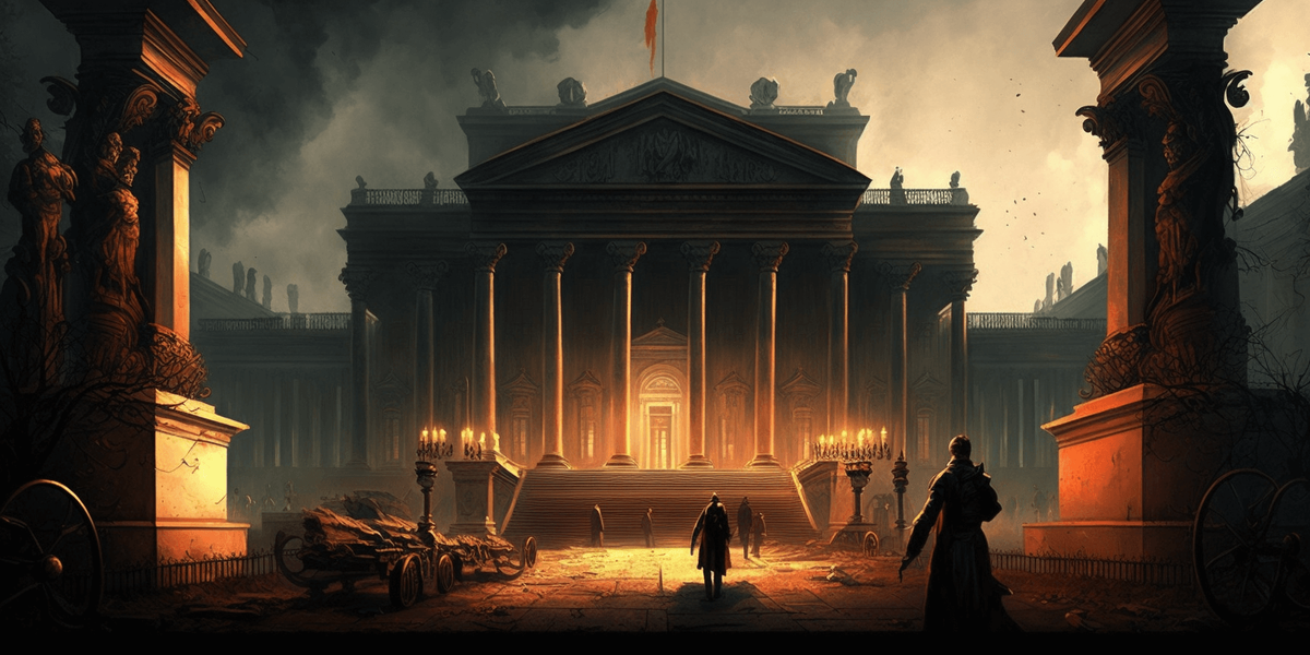  , Karl Bryullov: A grand historical scene with classical architecture and dramatic lighting