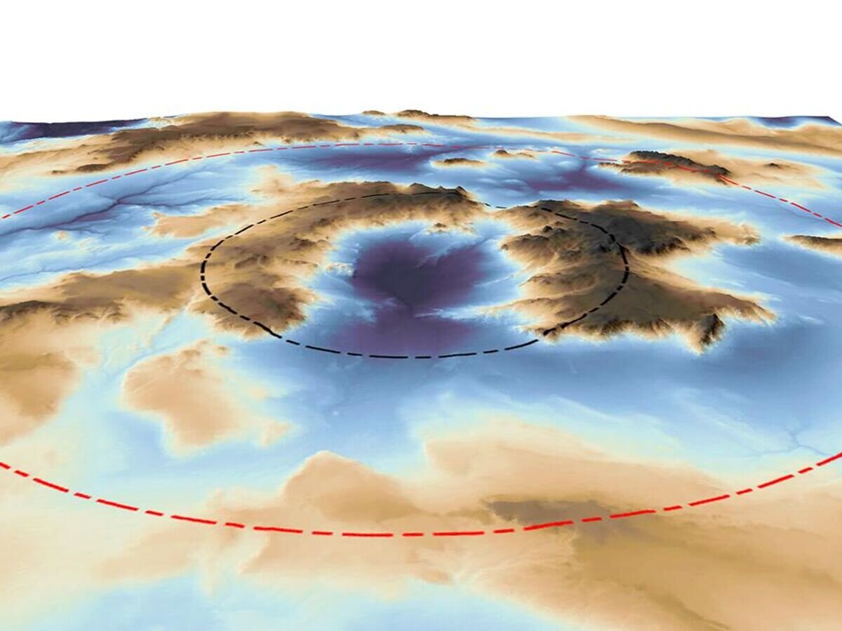    Кратер Жаманшин в Казахстане. Диаметр - 13 км (черная линия). Возможный диаметр по расчетам Джеймса Гарвина - 30 км (красная линия)© J. GARVIN, C. TUCKER, C. ANDERSON, D. SLAYBACK, AND D. MCCLAIN/NASA GODDARD SPACE FLIGHT CENTER; MAXAR WORLDVIEW; EARTHDEM; NASA PLANETARY DEFENSE COORDINATION OFFICE