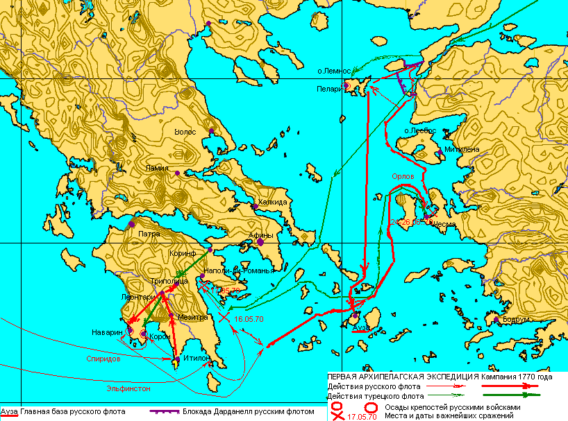 Карта действий русских войск и флота в 1770 году в Греческом Архипелаге во время Первой Архипелагской экспедиции 