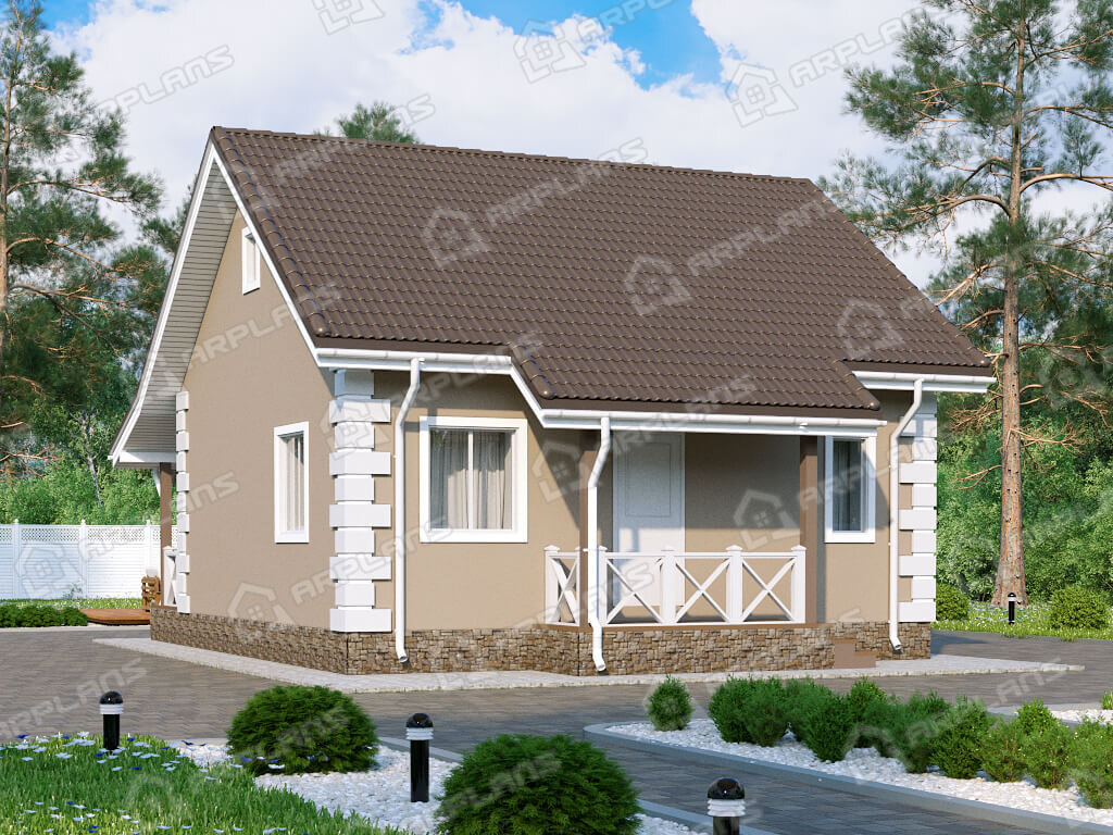 Фото 1 одноэтажного дома из газобетона с 1 спальнями и террасой. Общая площадь до 100 (69) кв м. Источник arplans.ru Проект К-331