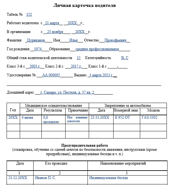 Карточка водителя