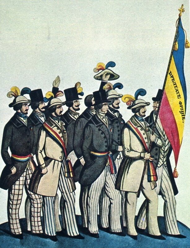 Жители Бухареста с триколором во время событий 1848 года